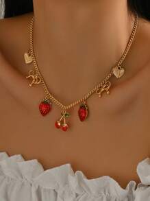 1 Peça Colar de Jóias com Tema de Festa de Frutas de Verão Elegante e Fofo, Cereja Pintada a Ouro DIY Mini, Pimenta Vermelha com Strass, Morango, Decoração de Laço, Adequado para Festa Sexy, Férias, Uso Diário, Presente de Feriado, Designado para Mulheres Charmosas e Personalizadas