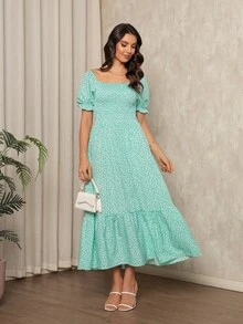 Long Dress With Puffed Sleeves Elastex Print - Mint Blue - View 1