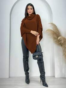 Women's Poncho Wool Coat Knit Cold Winter Blouse - Rust Brown - View 2