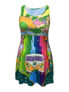 Váy không tay in họa tiết Bohemian cỡ lớn có cổ rộng, 95% Polyester và 5% Spandex, vải dệt kim co giãn vừa phải, dáng chữ A ôm sát, phù hợp cho mọi mùa - Nhiều màu 4 - Xem 2