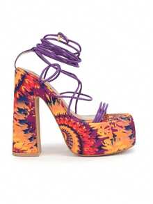 So Me Haloe Floral Sunflower Striped Floral Casual Outdoor Gorgeous Street Nightclub Style Sexy Party Cute Cool Glamorous Punk Vacation Funky Fashionable Pu Lace Up Laced Up, Platform, Chunky Heels Wedding Party Outdoor Spring, Summer Wedge Heels - Purple multi - View 2