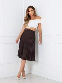 Evangelical Fashion Midi Pleated Skirt With Lined Buckle Belt Code:124 - MARROM - View 4