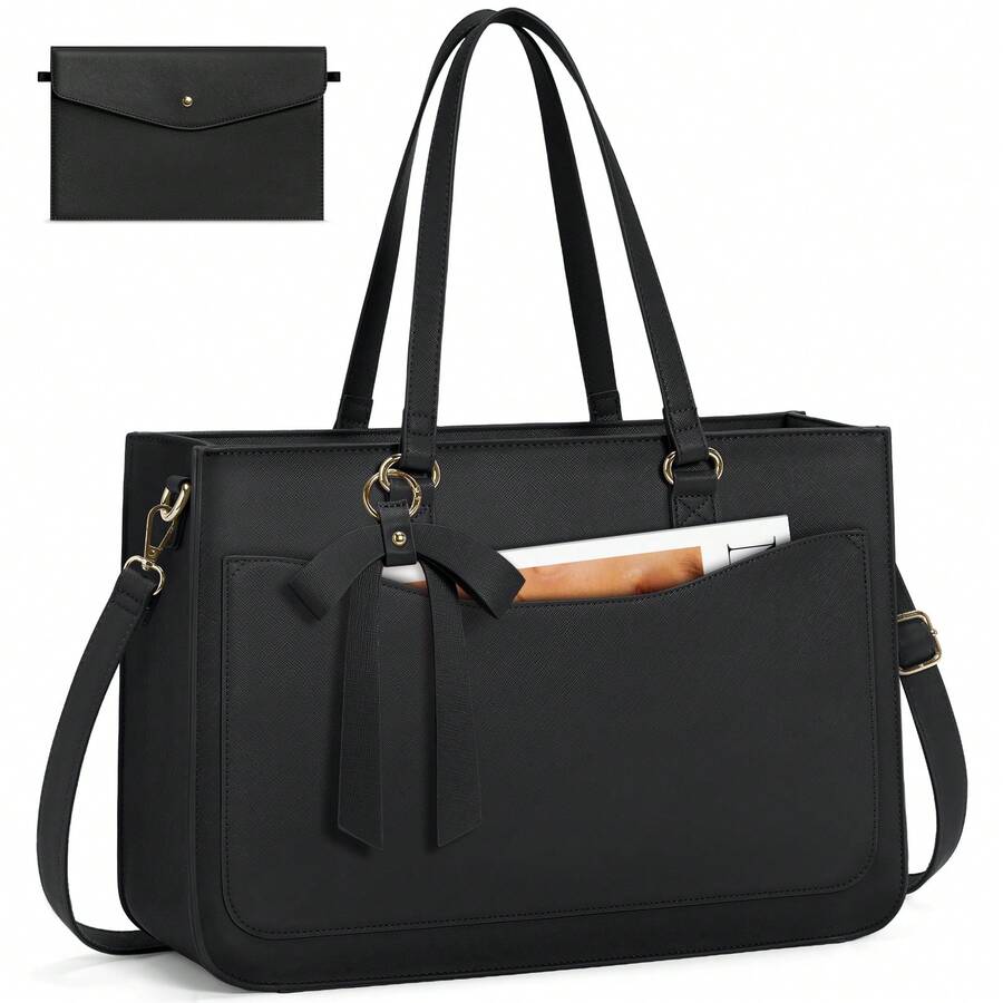 Laptop Bag For Women 15.6 Inch Work Tote Bags Leather Laptop Tote Waterproof Computer Bag Professional Office Business Briefcase Large Handbag For College Teacher Travel - 黑色 - 查看 1