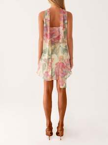 Women Floral Strapless Mini Dresses Y2K Flower Backless Tube Top Dress Short Summer Dress With Scarf - 米色 - 查看 5