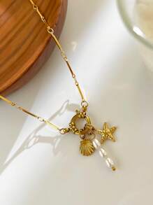 Monlansher Collana estiva in acciaio inossidabile da donna, ciondoli in stile bohémien con conchiglie, stelle marine e perle finte a più strati, elegante collana dorata di design di alta gamma, personalizzata