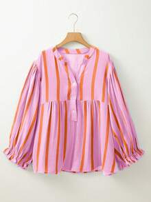 1pc Women's Casual V-Neck Ruffle Sleeve Striped Print Loose Blouse, Spring/Summer/Autumn, Pink & Blue - Pink - View 4