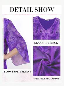 CheersLife Blusas casuales de mujer con mangas 3/4, blusas holgadas plisadas de malla con doble capa de flores