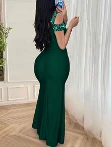 Glamorous Long Knitted Fabric Prom Dress For Women, Featuring Sleeveless Straps,Ruched Details, And A Stylish Split Thigh DesignBlack Rhinestone Off-Shouldelhigh-Slit Bodycon, Autumn &Winter Christmas Party Dressmatric Dance Green DresseS - Green - View 4