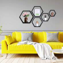 Hexagon Floating Shelves,Wall Mounted Wood Farmhouse Storage Honeycomb Wall Shelf Set Of 5,For Bathroom, Kitchen, Bedroom, Living Room,Office,Driftwood Finish - Multicolor - View 3