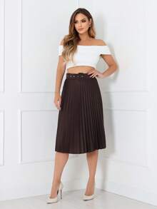 Evangelical Fashion Midi Pleated Skirt With Lined Buckle Belt Code:124 - MARROM - View 3