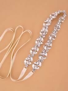 1件银色水晶新娘腰带，配象牙色丝带，婚纱腰带，情人节配饰