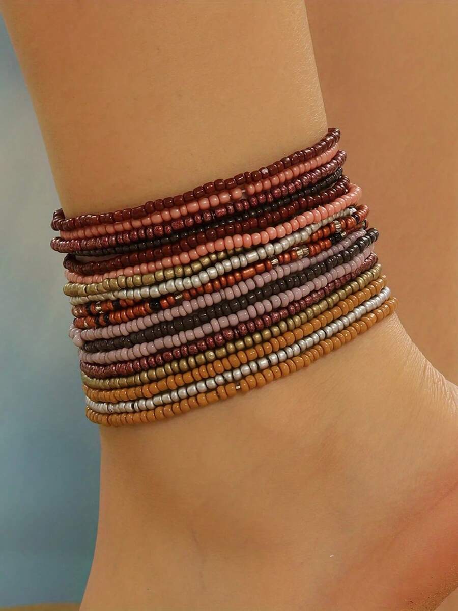 18件套波西米亚海滩风格多层弹性串珠脚链套装女士 - 咖啡 - 查看 1