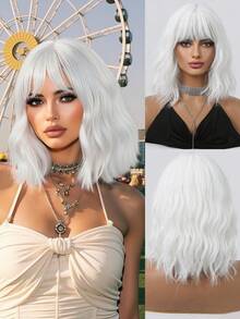 White Bob Wigs For Women Curly Wavy Wigs With Bangs Short Heat Resistant Synthetic Wigs For Party Costume Daily Wear Colorful Wigs Cosplay, Party Wedding Hair Wigs And Daily Wear Coachella Music Festival - 白色 - 查看 2