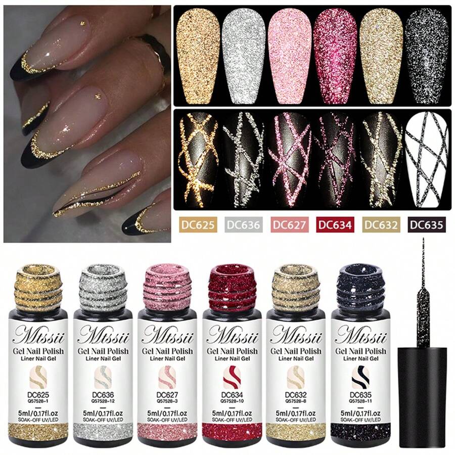 Mtssii 6pcs Reflective Glitter Nail Polish Set, Gold & Silver Spider Line UV Gel, Super Shiny French Line Graffiti Stripe DIY French Nail Art Design Painting Gel Set, Removable Nail Polish, Nail Salon Home Manicure Gift - 彩色 - 查看 1