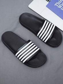Striped Unisex Non-Slip Durable Sandals, Classic Five-Bar Design Slippers, Couples Beach/Water Shoes - Black - View 1