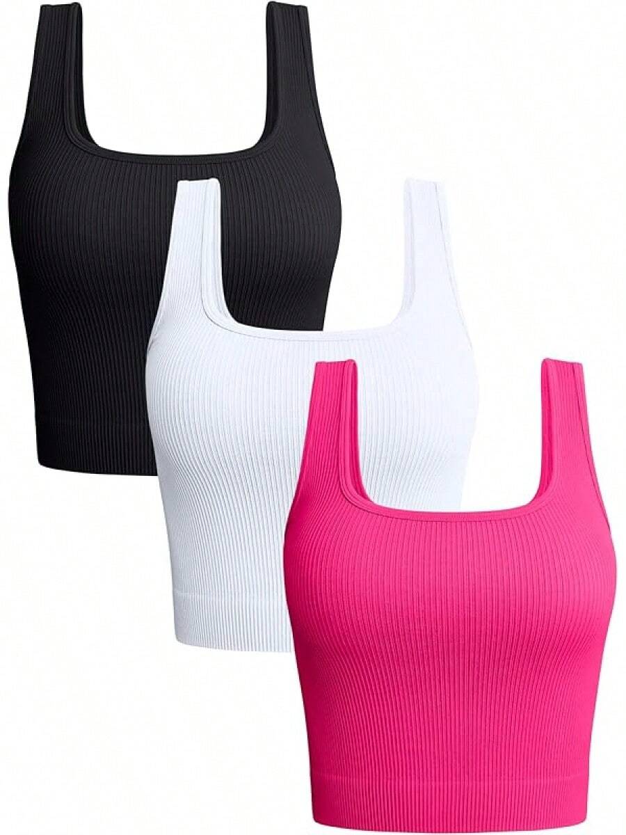 OQQ Women's 3 Piece Tank Tops Ribbed Seamless Workout Exercise Shirts 2025 Summer Basic Camis - Black,Pitaya,White - View 1