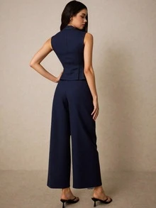 2 piezas Conjunto casual de chaleco corto de mujer sin mangas de  sintas al frente y pantalones anchos plisados Haz un lazo