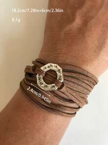 1 件锤纹金属圆形饰物波西米亚棕色绒面皮革缠绕手链，男女通用，适合日常佩戴，周年纪念礼物