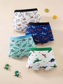4 件装男童恐龙印花三角裤，幼儿儿童平角短裤