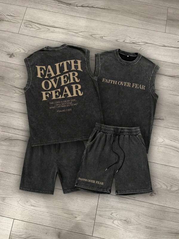 Herren Set aus Washed ärmellosem Oberteil und Shorts