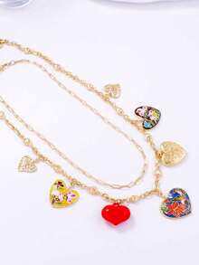 1pc Bohemian Style Alloy Oil Drop Multi-Heart Pendant Layered Chain Necklace For Women - Chain Necklace - View 5