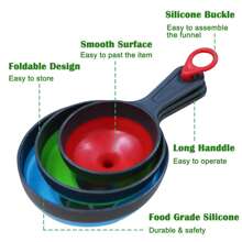 Juego de 3 piezas que incluye: Embudo de enlatado para frascos anchos y regulares, Cuchara medidora con escala, Embudos de boca ancha Set de 3, Grandes para tarros Mason, Accesorios de cocina de silicona plegables para transferir mermelada, jugo, especias y aceite