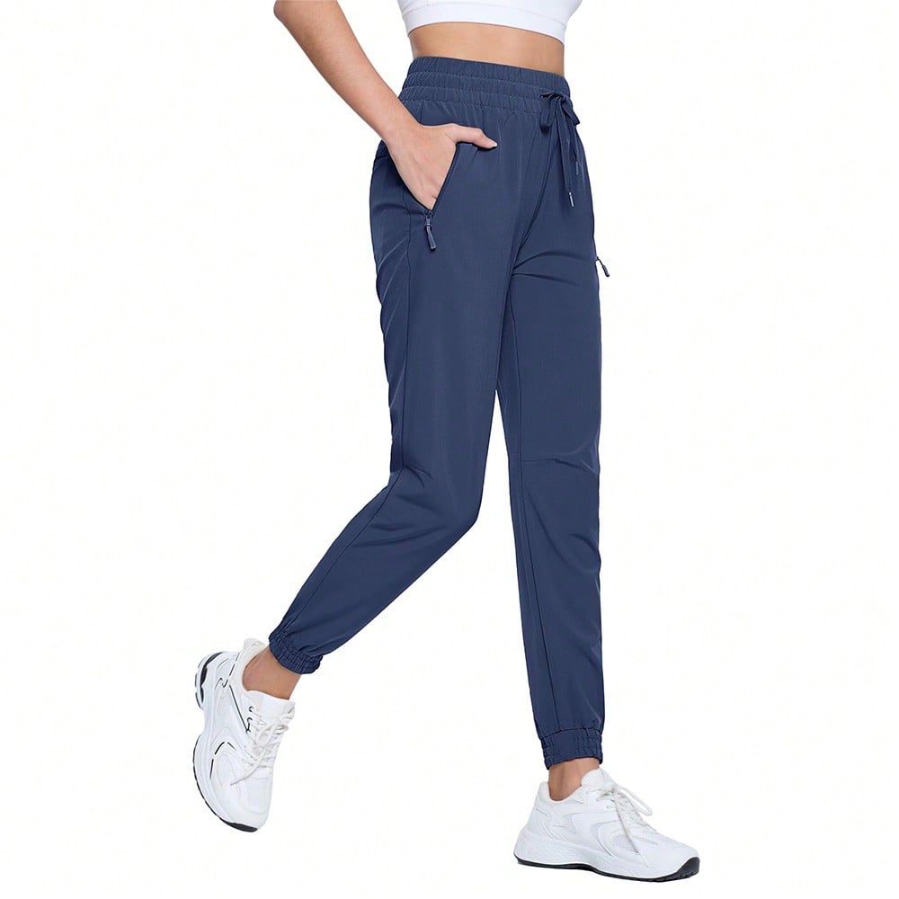 Pantalones de senderismo de secado rápido para mujer, cintura alta ajustable con cordón elástico, 3 bolsillos con cremallera, adecuados para acampa