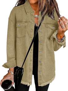 Women's Spring/Summer Street Style Oversized Frayed Denim Jacket With Elegant Shirt Collar - Mustard Yellow - View 3