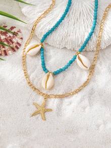 2pcs/Set Boho Style Beaded Seashell & Starfish Pendant Necklace Set For Women - Yellow Gold - View 3