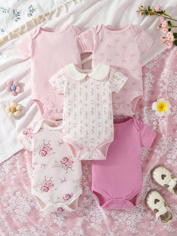 5pcs Baby Girls' Cartoon Short Sleeve Bodysuit, Cute Spring/Summer