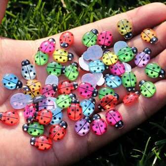 30pcs Lady Bug Garden Decor, Landscape Figurines For Succulent Pot, Wooden Craft Insect DIY Accessories,Cartoon Simulation Beetle Shaped Mixed Resin Patch