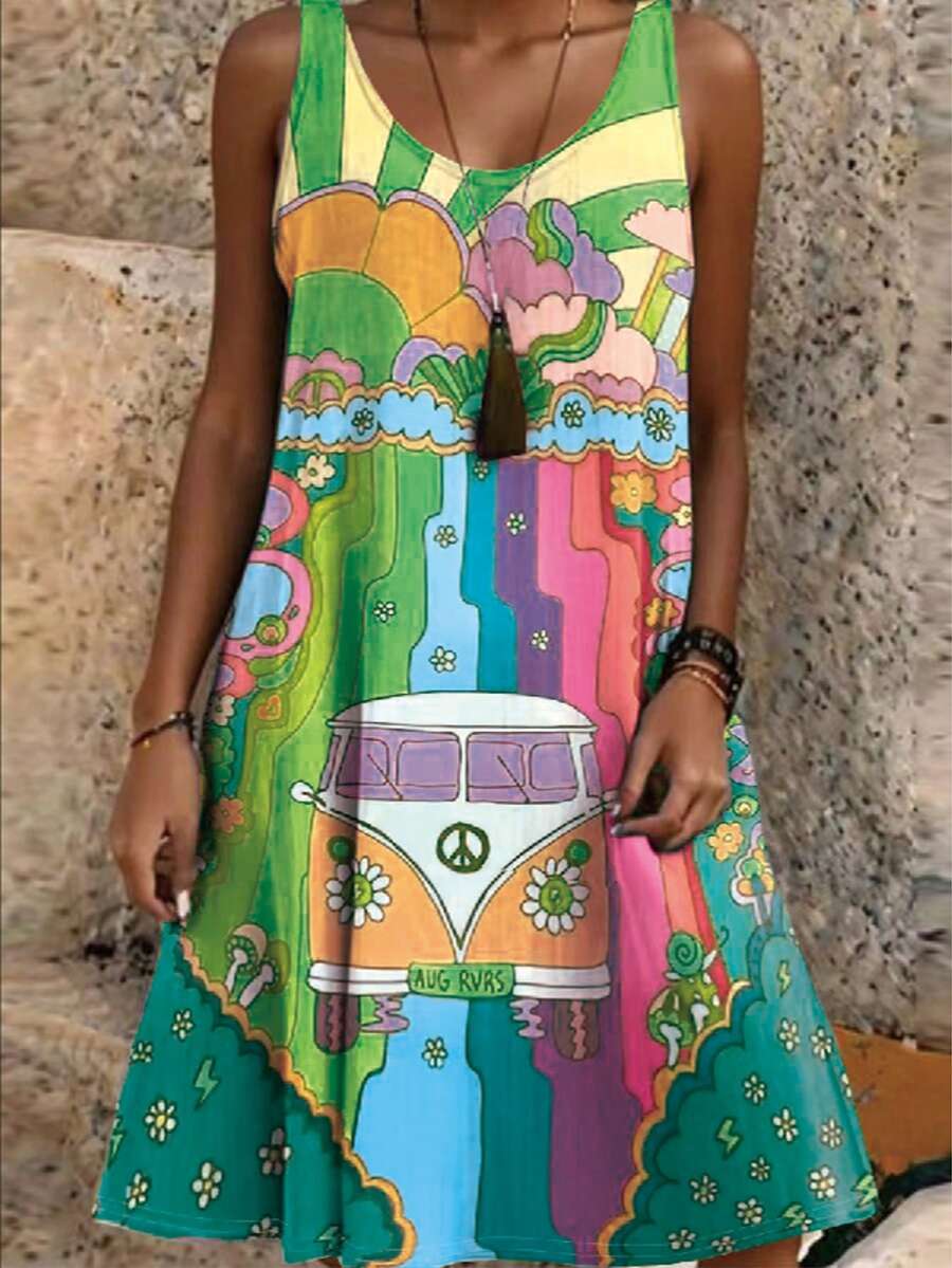 Váy không tay in họa tiết Bohemian cỡ lớn có cổ rộng, 95% Polyester và 5% Spandex, vải dệt kim co giãn vừa phải, dáng chữ A ôm sát, phù hợp cho mọi mùa - Nhiều màu 4 - Xem 1