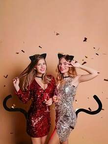 2 st/set Halloween svart kattöronhuvudband + svans kostymtillbehör set - Svart - Visa 3