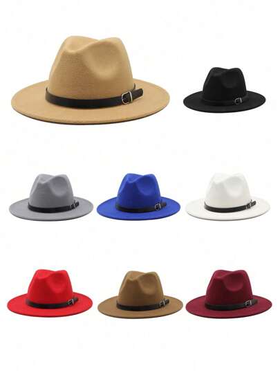 1pc Unisex Autumn/Winter Large Brim Wool Felt Hat, Elegant Quality Leather Belt Decor Bowler Hat, Casual Fashion Cowboy Style Hat, Suitable For Parties, Gatherings, Western Themed Events, Daily Wear
