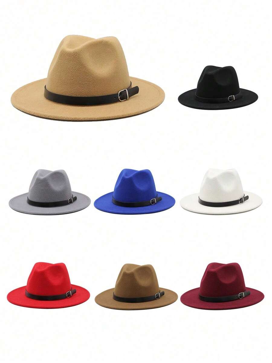 1 件男女通用秋冬大檐羊毛毡帽，优雅皮带装饰礼帽，休闲时尚牛仔帽，适合派对、聚会、西部主题活动、日常穿着 - 彩色 - 查看 1