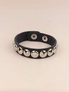 1pc Solid Color PU Leather Steampunk Bracelet, Vintage Distressed Leather Bracelet, Metallic Personalized Couple Jewelry - Black - View 7