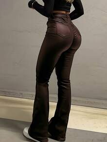 Black Coated Flared Pants, Slim Fit, High-Waisted, Stylish Young Look, Spring - Chocolate Brown - View 7
