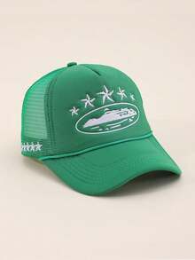 1 件男士五角星刺绣卡车司机帽，时尚元素棒球帽，户外防晒休闲网帽，适合春季、秋季、旅行、海滩