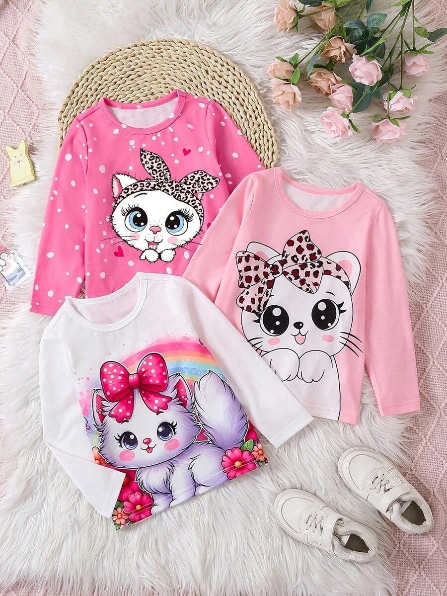 Girls 3 Packs Cartoon Kitten Print Cute Casual T-Shirt Round Neck Long Sleeve Suitable For Autumn And Winter - Multicolor - View 1