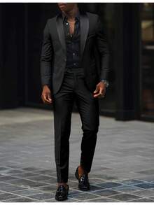 2-Piece Men's Suit Suitable For Wedding Business Suits, Single Button Jackets And Pants Sets, Slim Fit Jacket Sets, Business Casual Single Button With Pocket Tops, Wedding Hosts, Banquets, Business Office Occasions - 黑色 - 查看 2