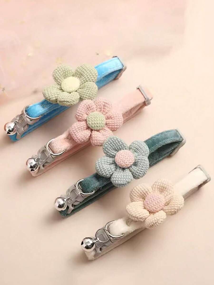 1 件毛绒花宠物项圈配可爱猫铃铛，时尚宠物猫/狗配饰 - 彩色 - 查看 1