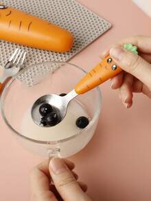 1pc Spoon/1SET Carrot-Shaped Plastic Handle Stainless Steel Cutlery Set With Three Pieces, Boxed, Kitchen, Christmas Gift,School Supplies - Multicolor - View 7