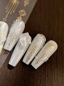 1pc Palace Style Metallic Floral Nail Art Stickers, Elegant Line Pattern 3D Luxury Nail Decals With Adhesive