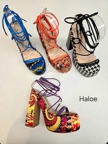 So Me Haloe Floral Sunflower Striped Floral Casual Outdoor Gorgeous Street Nightclub Style Sexy Party Cute Cool Glamorous Punk Vacation Funky Fashionable Pu Lace Up Laced Up, Platform, Chunky Heels Wedding Party Outdoor Spring, Summer Wedge Heels - Purple multi - View 1