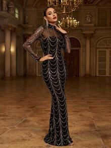 Missord 透明網紗肩部亮片舞會連衣裙 - 黑色 - 查看 4