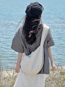 Contrast Color Checkered Ruffle Trim Button Front Blouse - Black - View 6