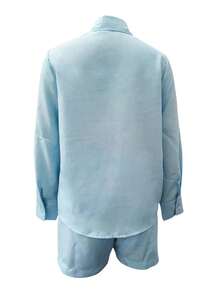 2025 New Women's Fashionable And Elegant Two-Piece Set, Long Sleeved Collared Shirt And High Waisted Spicy Shorts - Màu xanh lam - Xem 5