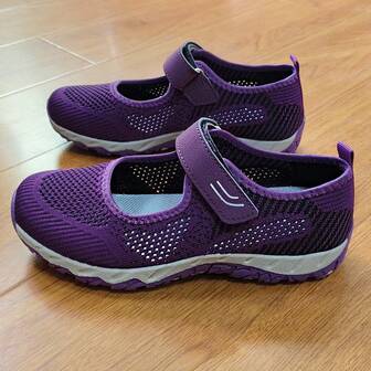 Women's Breathable Mesh Casual Walking Sneakers With Hook And Loop Closure Comfortable Lightweight Non-Slip Round Toe Outdoor Shoes, Random Insole Color