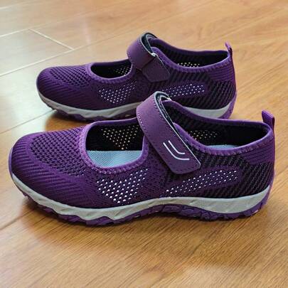Women's Breathable Mesh Casual Walking Sneakers With Hook And Loop Closure Comfortable Lightweight Non-Slip Round Toe Outdoor Shoes, Random Insole Color