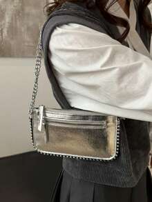 1 件信封手拿包，时尚金属银色女士手提包，链条单肩包/斜挎包，拉链小方包